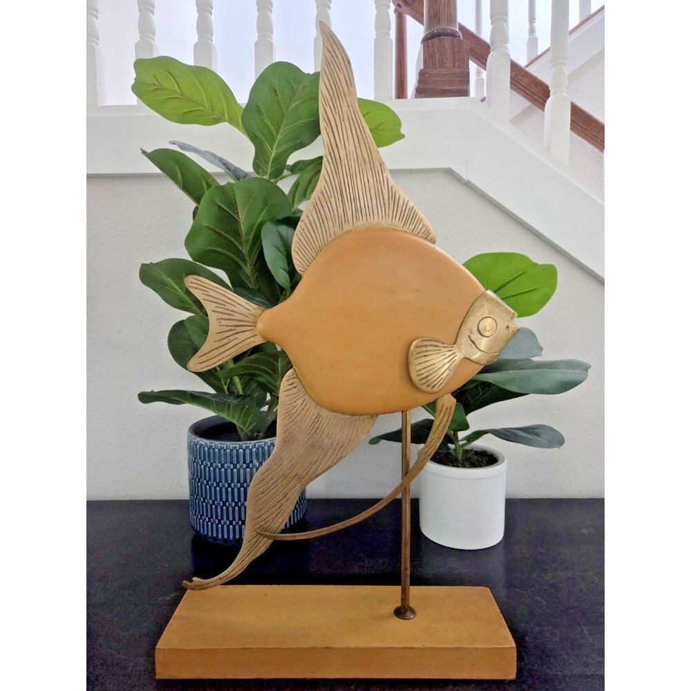 Frederick Cooper 22” Brass & Wood Angelfish Sculpture MCM Fish Vintage Decor
